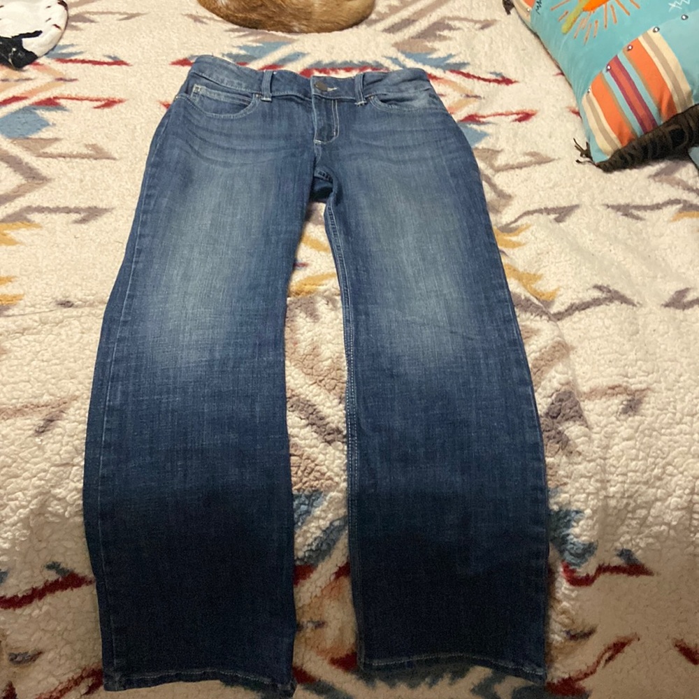 Wrangler boot cut jeans. Super comfy and cute. darker wash jean